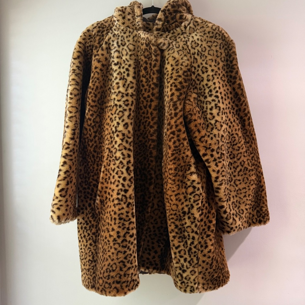 Vintage Dennis Basso Leopard Faux Fur Hooded Car Coat‎ Jacket Size M Made in USA